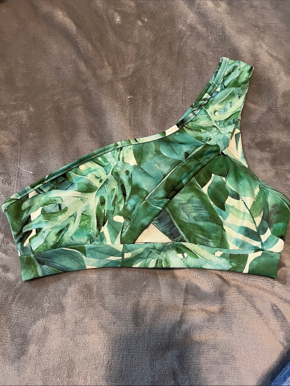 SHEIN Green Tropical One-Shoulder Swim Top